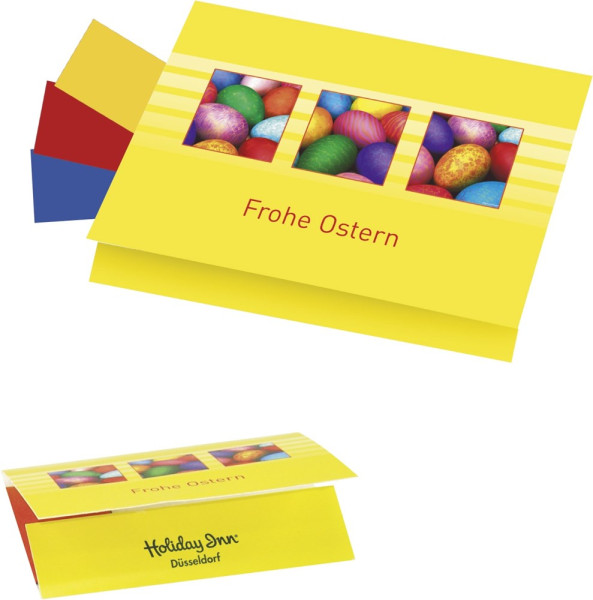Folded Card with Egg colours, 90x60 mm, 3 assorted colours, incl. 1-4 c digital printing